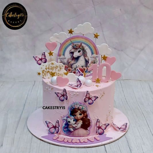 2kg butterscotch unicorn theme birthday cake for a 10-year-old girl with edible pictures, stars, and butterflies by cakestry15 noida, cake for girls