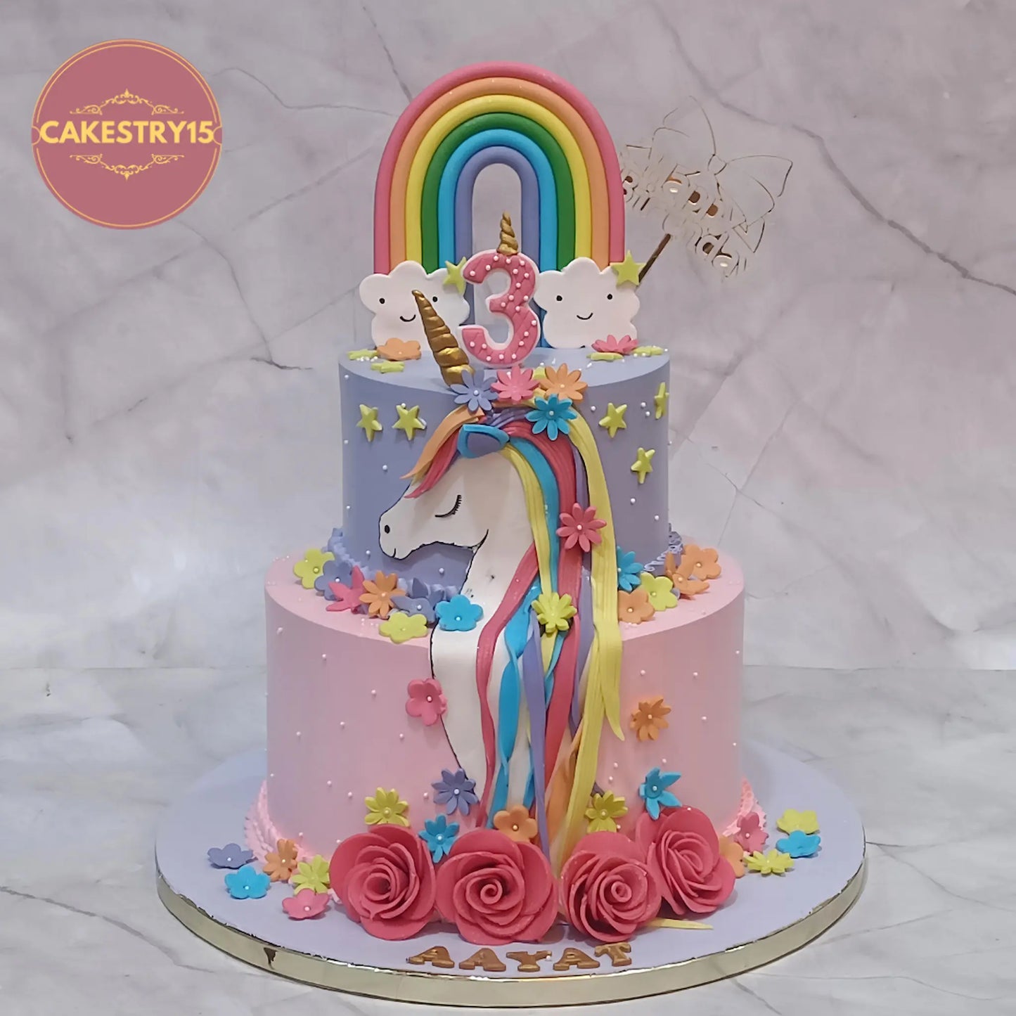 Unicorn theme 3rd birthday cake eggless kids birthday cake in Noida with rainbow and floral design