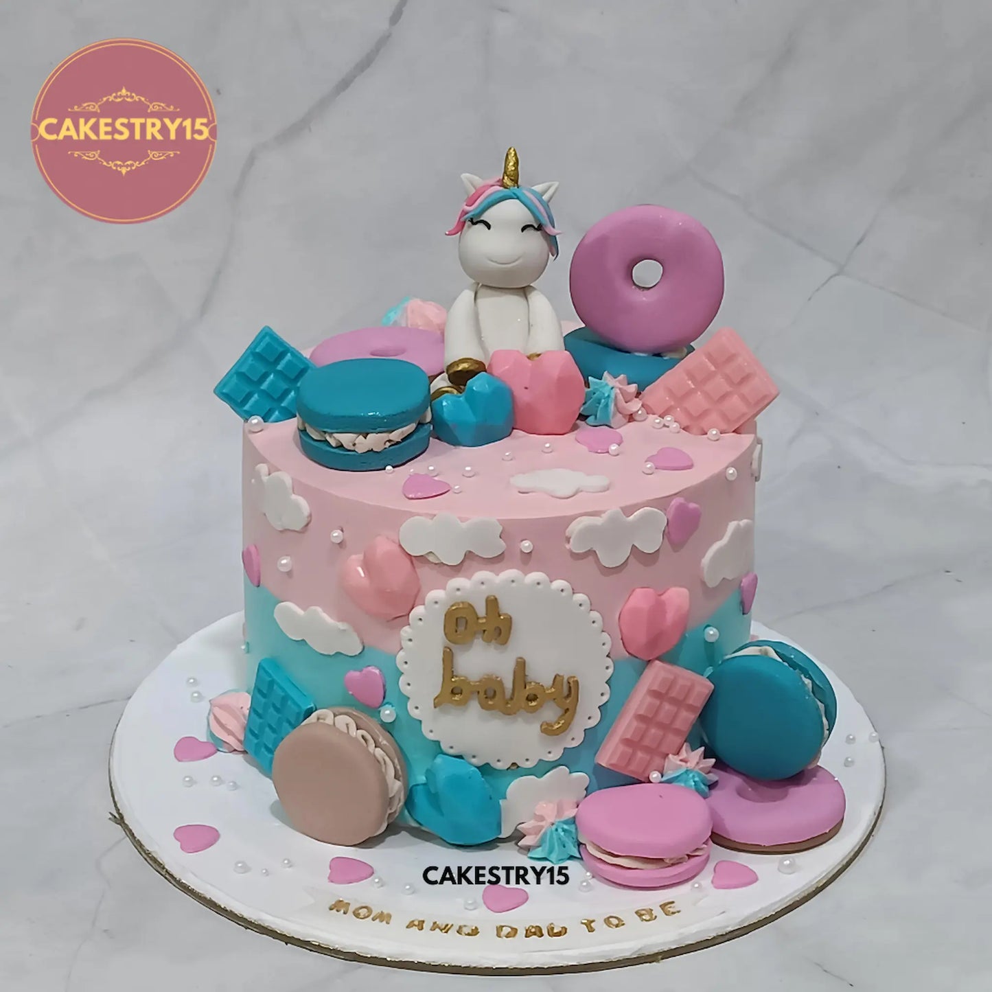 Unicorn theme eggless baby shower cake with fondant unicorn, pineapple flavour, custom design by Cakestry15 Noida