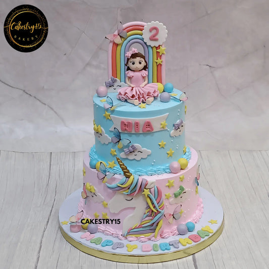 Unicorn theme choco vanilla cake with rainbow and butterflies for 2nd birthday by cakestry15 noida