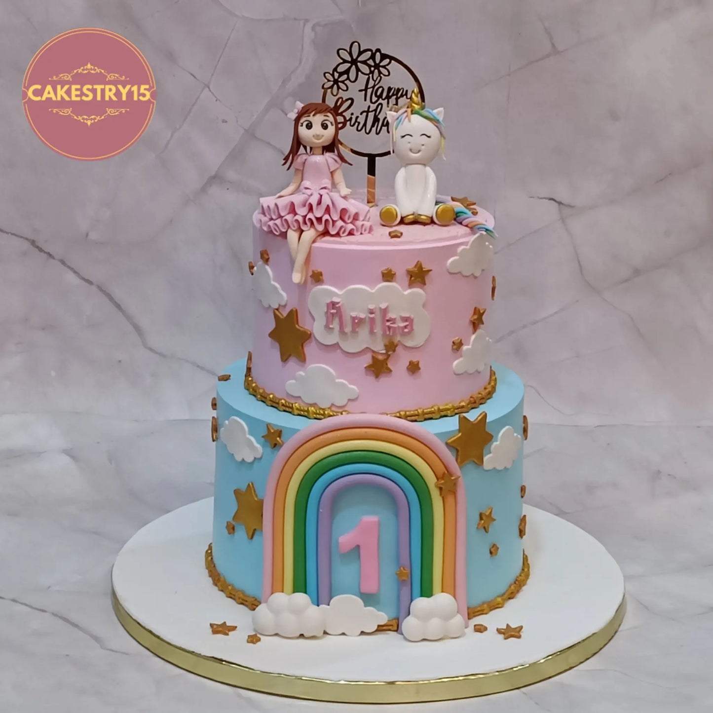 Unicorn kids birthday cake with princess girl figurine, a theme cake Noida customers love among eggless cakes for first birthday celebrations