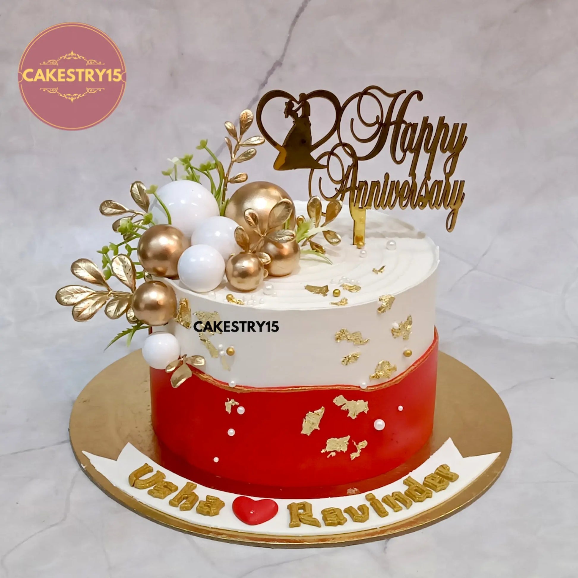 1kg butterscotch anniversary cake with red and ivory icing from Cakestry15