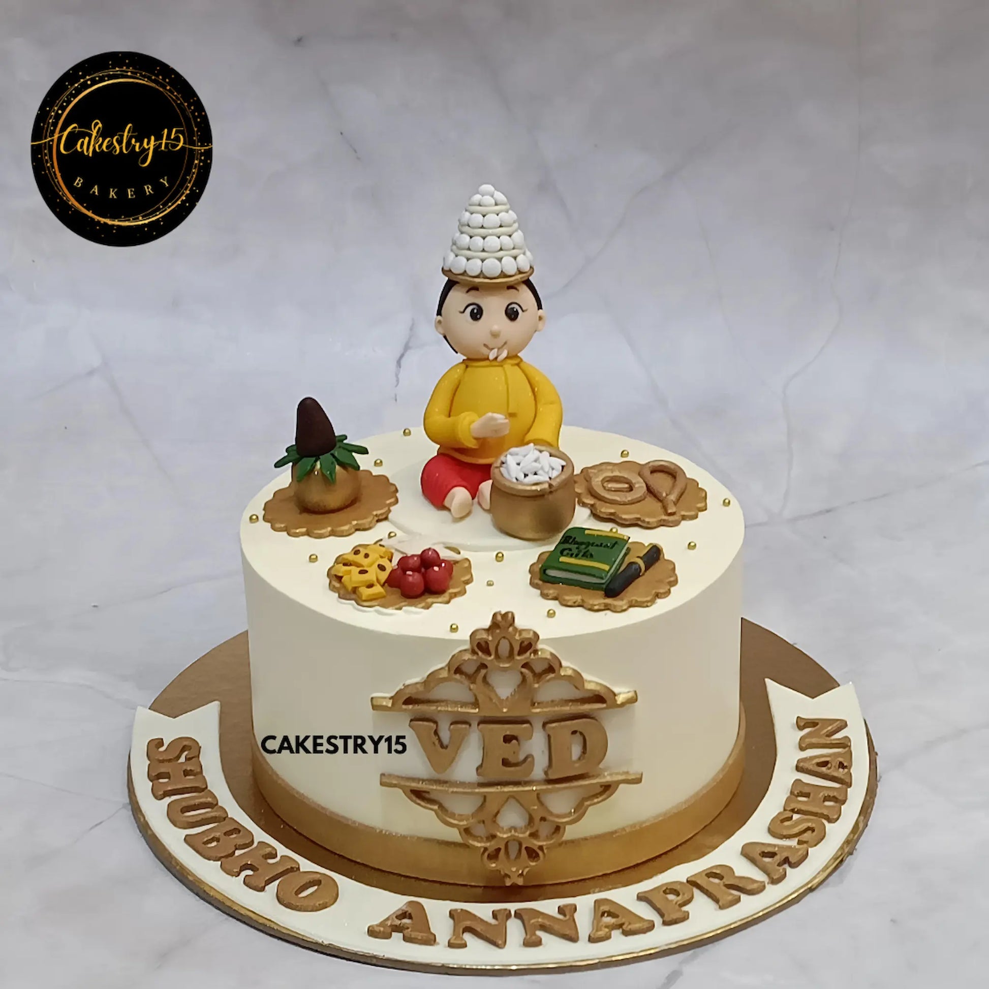 1kg black forest Annaprashan cake for baby boy Ved with traditional fondant detailing