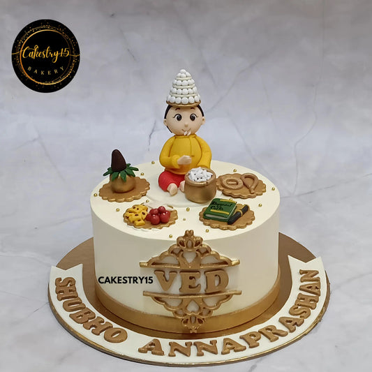1kg black forest Annaprashan cake for baby boy Ved with traditional fondant detailing