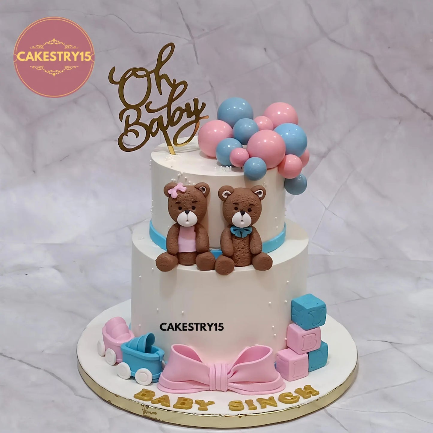 Welcome Baby theme eggless black forest cake with teddies and Oh Baby topper by Cakestry15 Noida