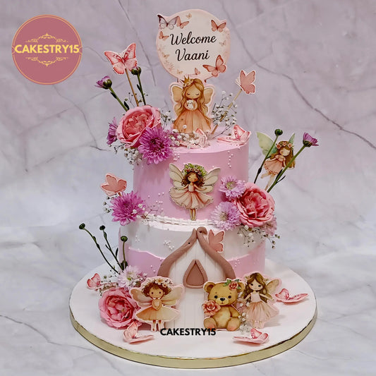 3kg choco vanilla fairy theme birthday cake with edible fairies teddy bear and butterflies by Cakestry15 Noida