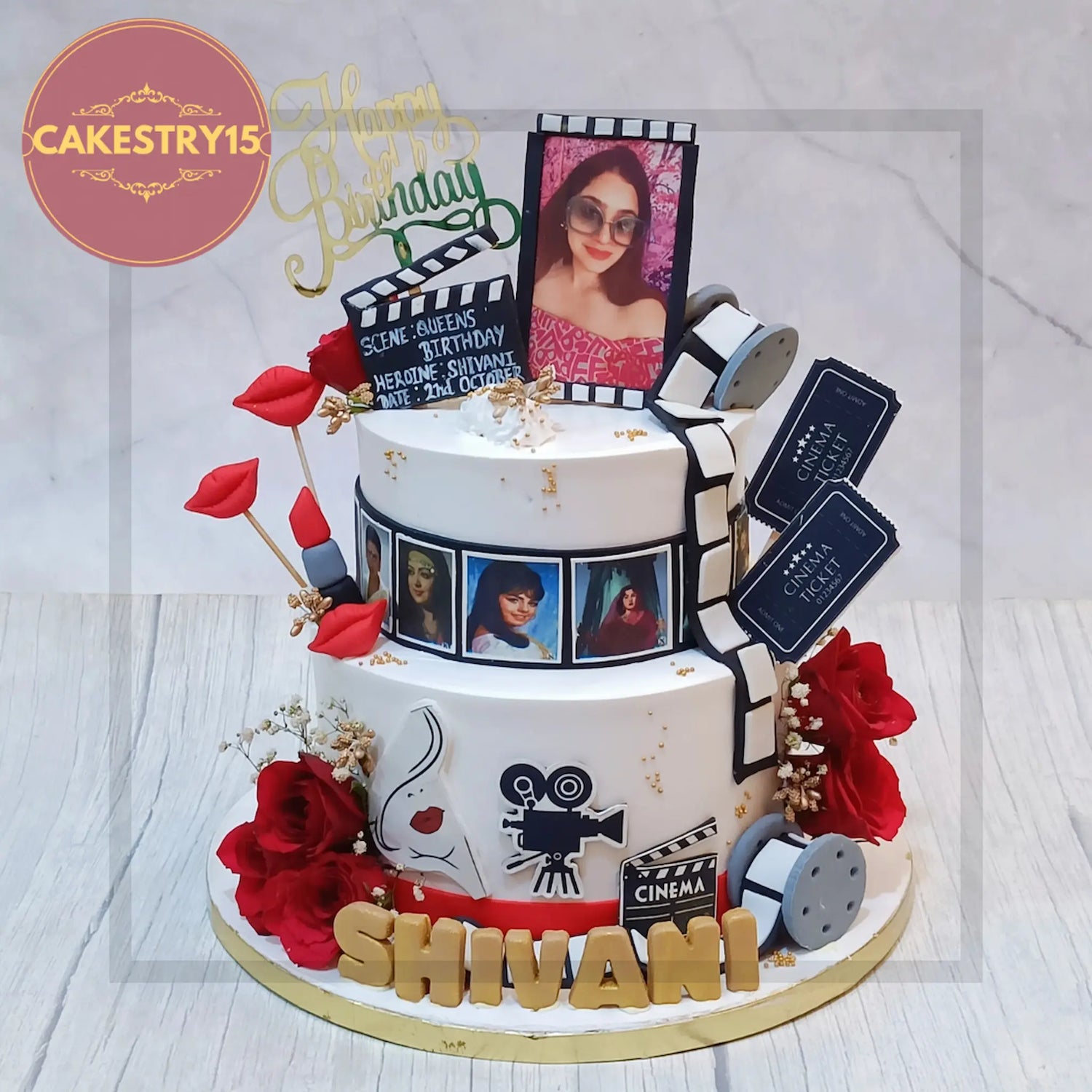 Romantic birthday cake for wife with flowers and gold accents