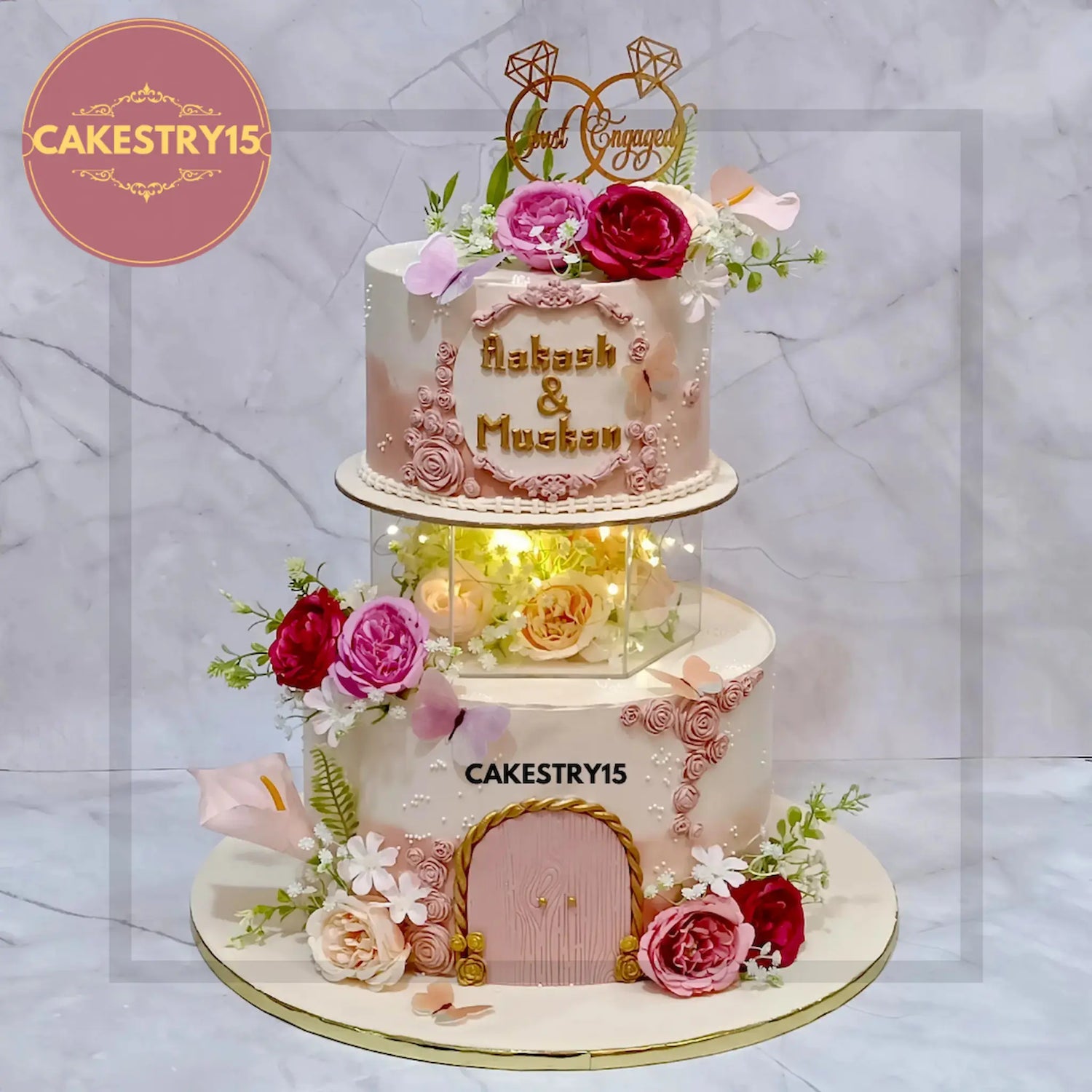 Customized engagement cake with couple names and date
