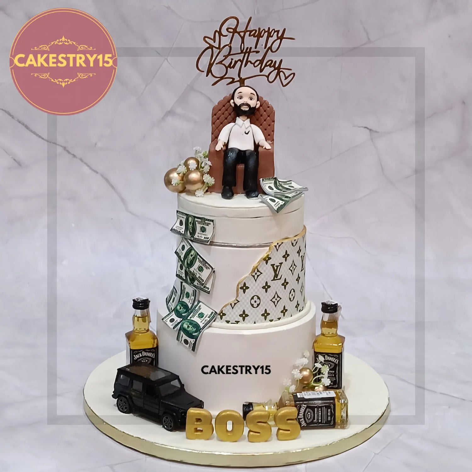 Adult birthday cake with whiskey and cocktail decorations