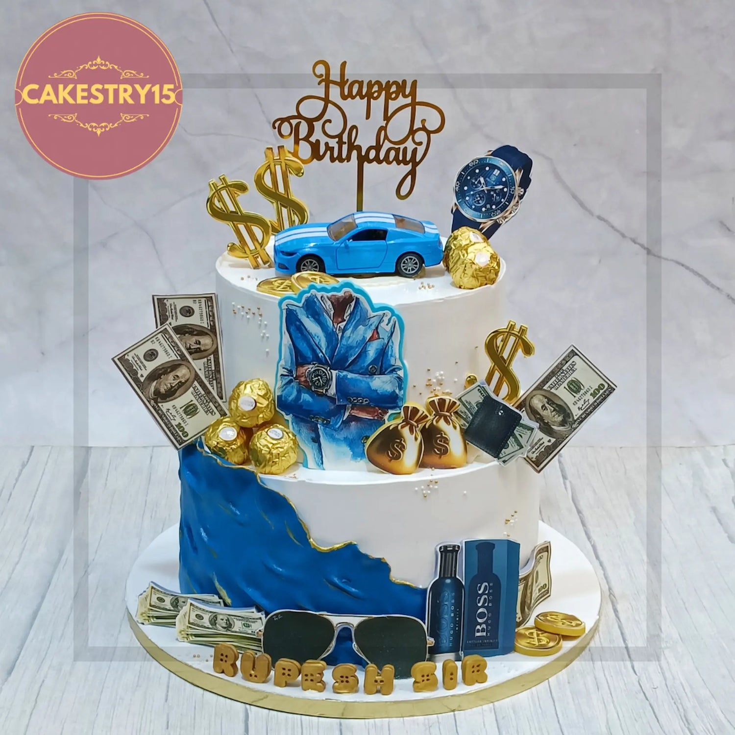 Corporate cake with edible logo and congratulatory message for boss birthday