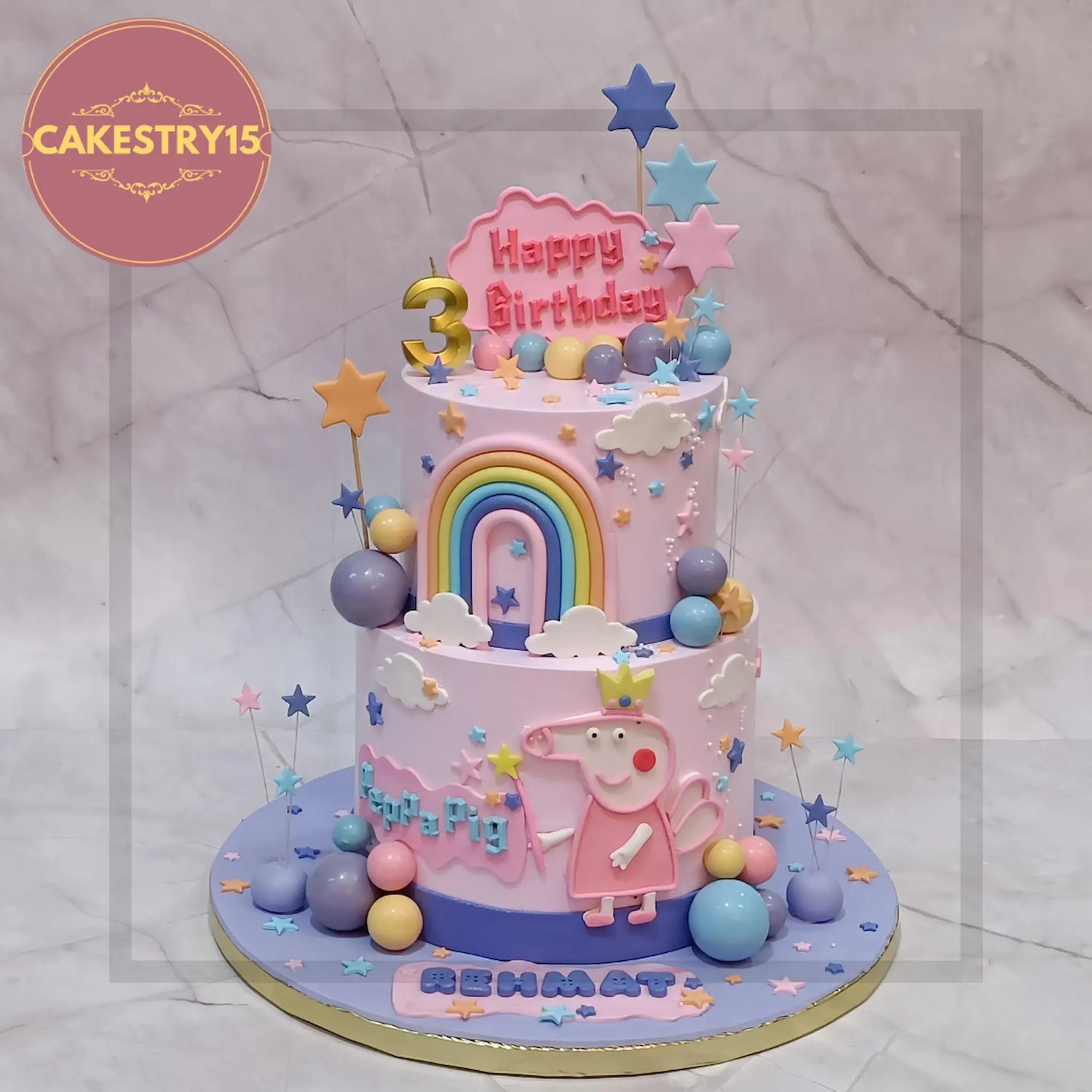 Peppa Pig theme cake with Peppa, George, Mummy Pig, Daddy Pig and fondant ducks