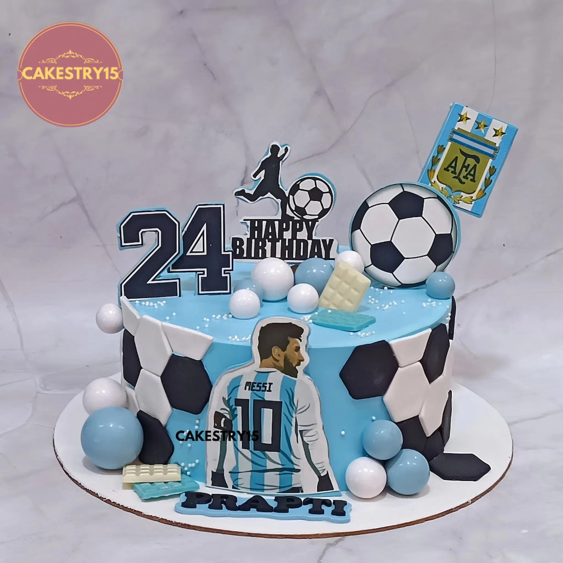 1.5kg chocolate soccer theme birthday cake with edible football star image from Cakestry15 Noida