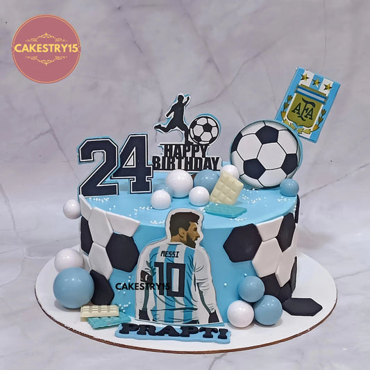 1.5kg chocolate soccer theme birthday cake with edible football star image from Cakestry15 Noida