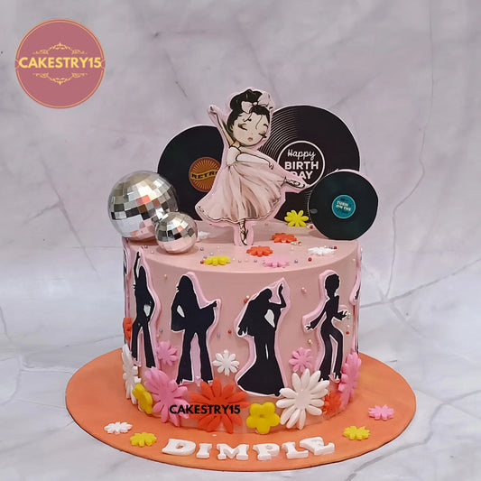 1kg black forest eggless birthday cake with dancing lady topper, disco theme by Cakestry15 Noida