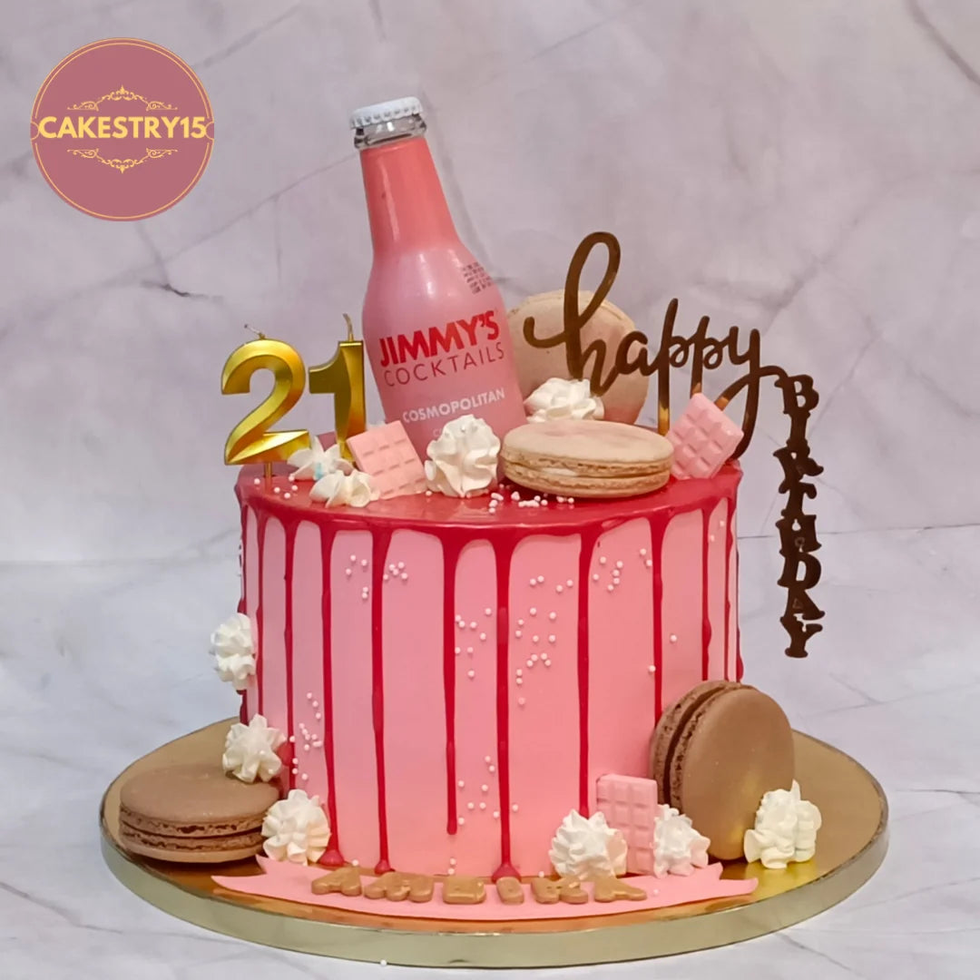 21st birthday kids birthday cake with coral drip, macarons and white chocolates from an eggless cakes bakery offering a theme cake Noida.
