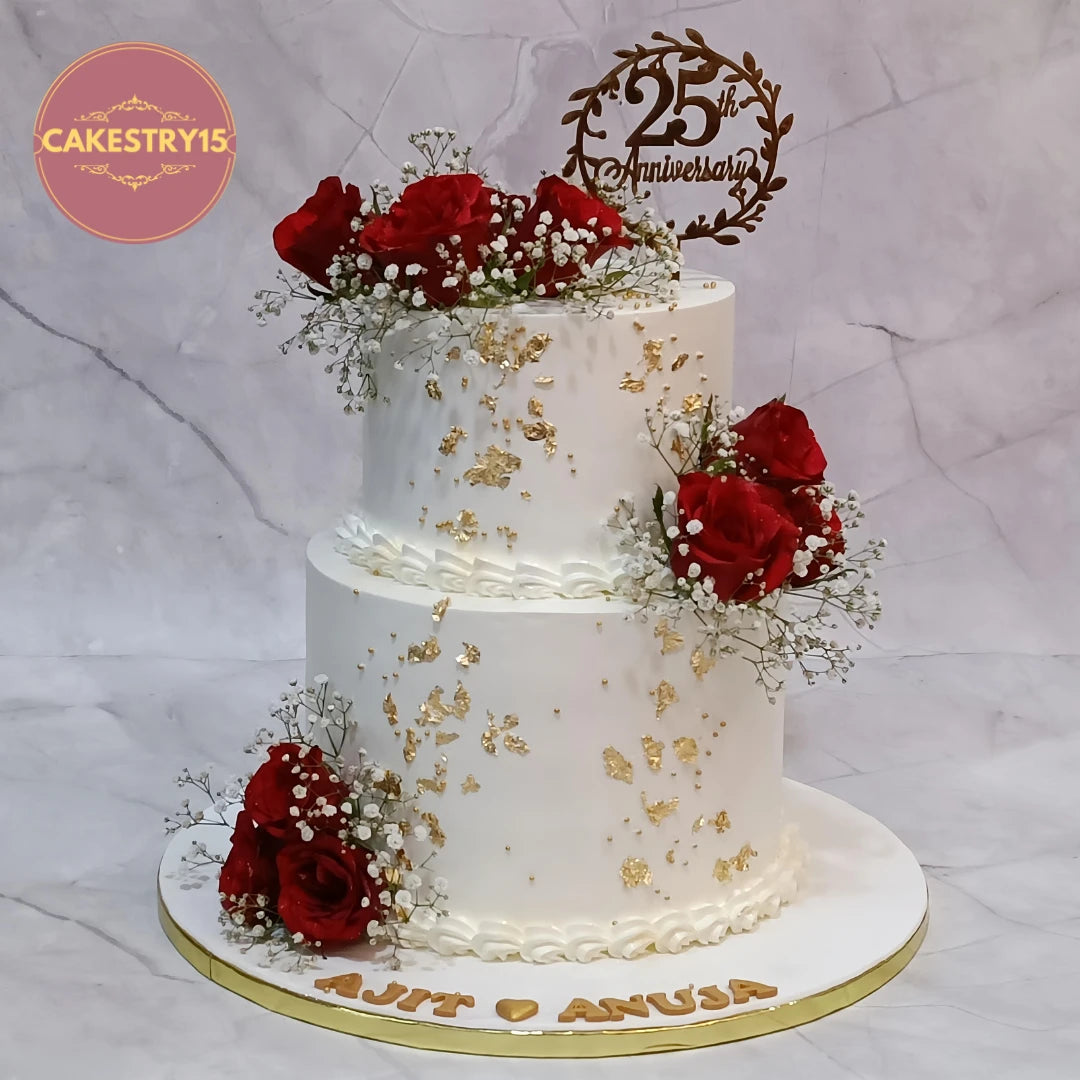 25th anniversary floral cake style inspired theme cake Noida featuring fresh red roses, eggless cakes design and premium anniversary decoration.