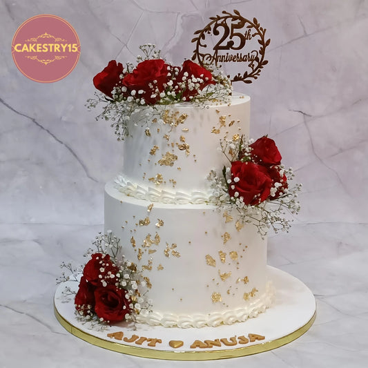 25th anniversary floral cake style inspired theme cake Noida featuring fresh red roses, eggless cakes design and premium anniversary decoration.
