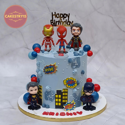 2kg chocolate superhero theme kids birthday cake with Spiderman Iron Man Batman and Avengers toys, eggless custom cake Noida by cakestry15