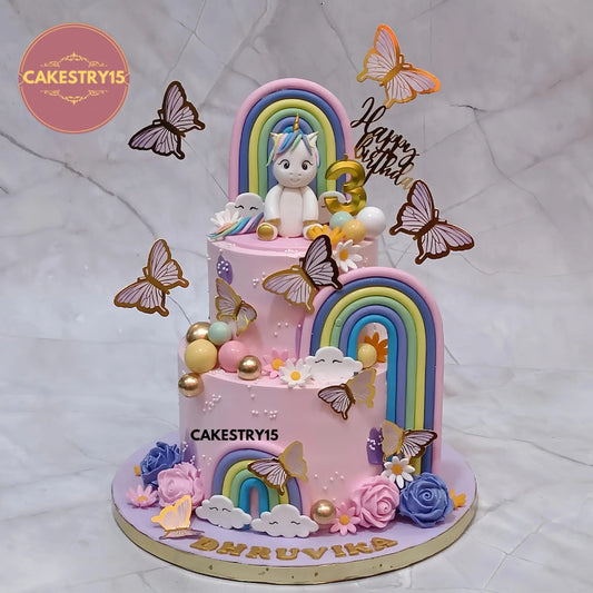 2kg pineapple unicorn rainbow birthday cake with clouds, roses and butterflies by Cakestry15 Noida