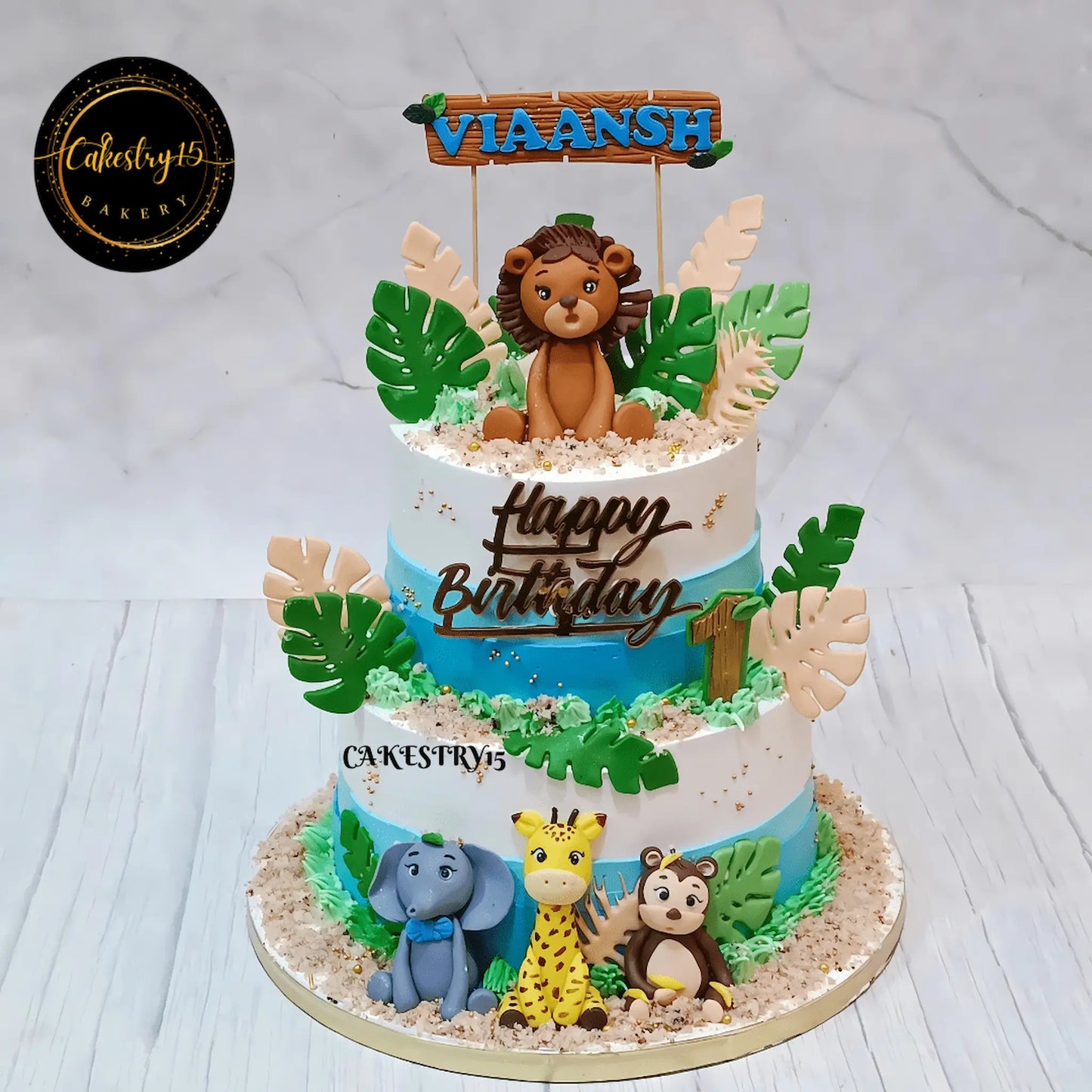 3kg jungle theme,pineapple,first birthday cake by cakestry15 noida,cake full image