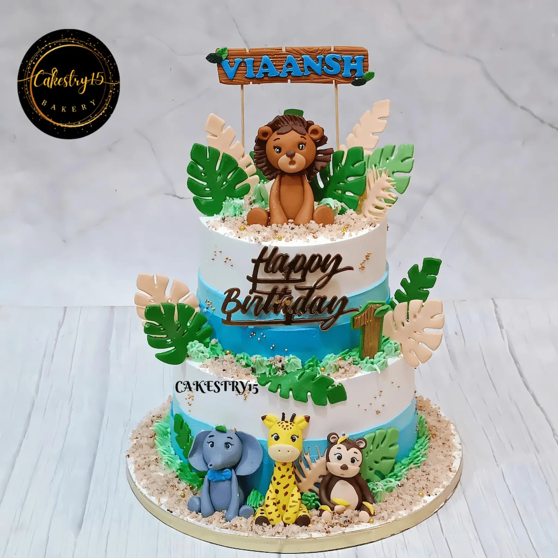 3kg jungle theme,pineapple,first birthday cake by cakestry15 noida,cake full image