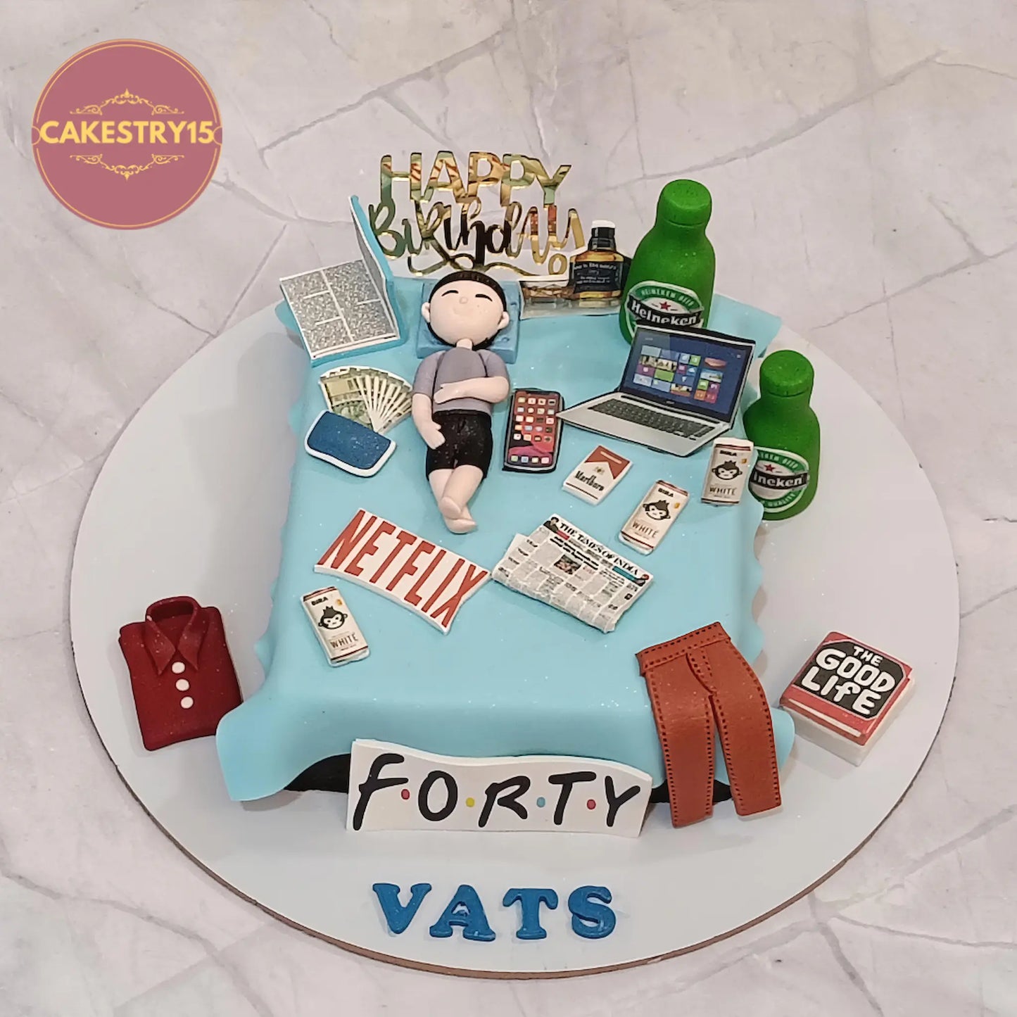 Chocolate flavour birthday cake with custom theme design, perfect for adult celebrations from a theme cake Noida eggless cakes bakery