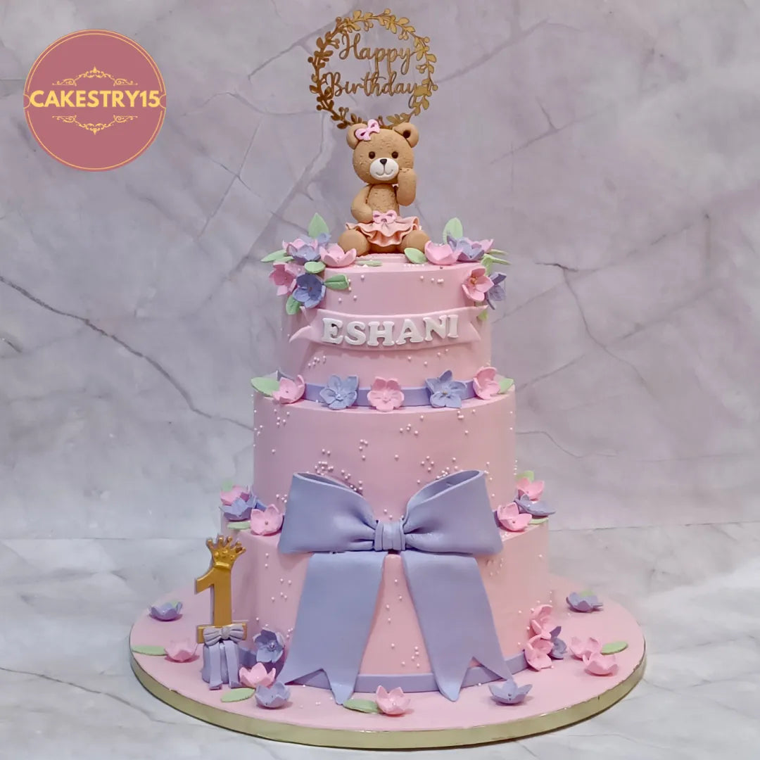 Teddy Theme Floral First Birthday Cake Ishani