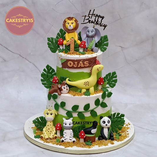 5kg choco vanilla jungle and dinosaur first birthday cake with animal toppers by Cakestry15 Noida