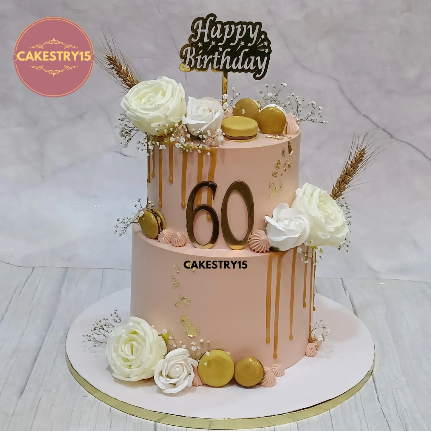 5kg eggless chocolate 60th birthday cake for dad with roses, ferns and golden drip from Cakestry15 in Noida
