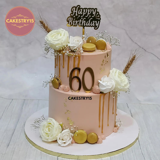 5kg eggless chocolate 60th birthday cake for dad with roses, ferns and golden drip from Cakestry15 in Noida