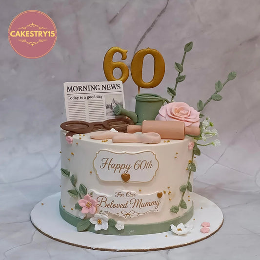 A 60th birthday kids birthday cake with roses and personalised details from an eggless cakes bakery offering a theme cake Noida.