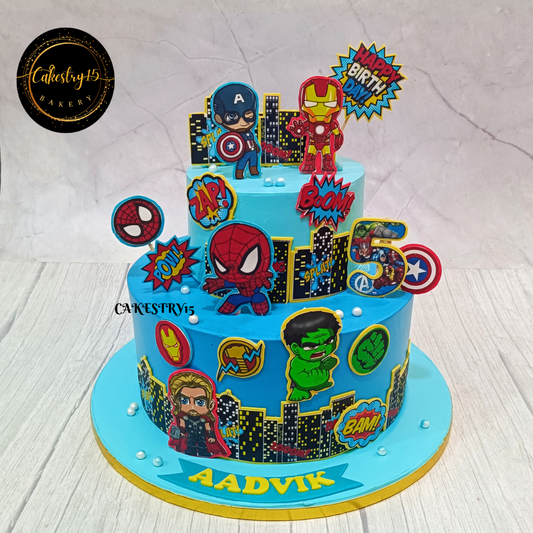 Avengers Infinity theme, 4kg size, 2tier ,5th birthday ,Pineapple flavor Cake by cakestry15 noida ,full image