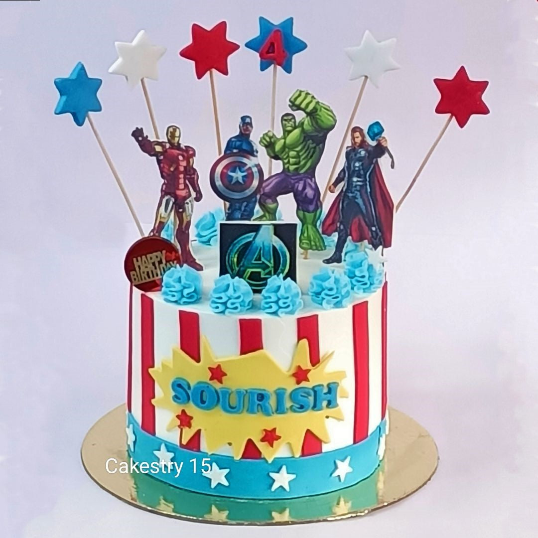 Avengers Team ,2kg size,chocolate flavor, 4th Birthday Cake by Cakestry15 Noida,full image