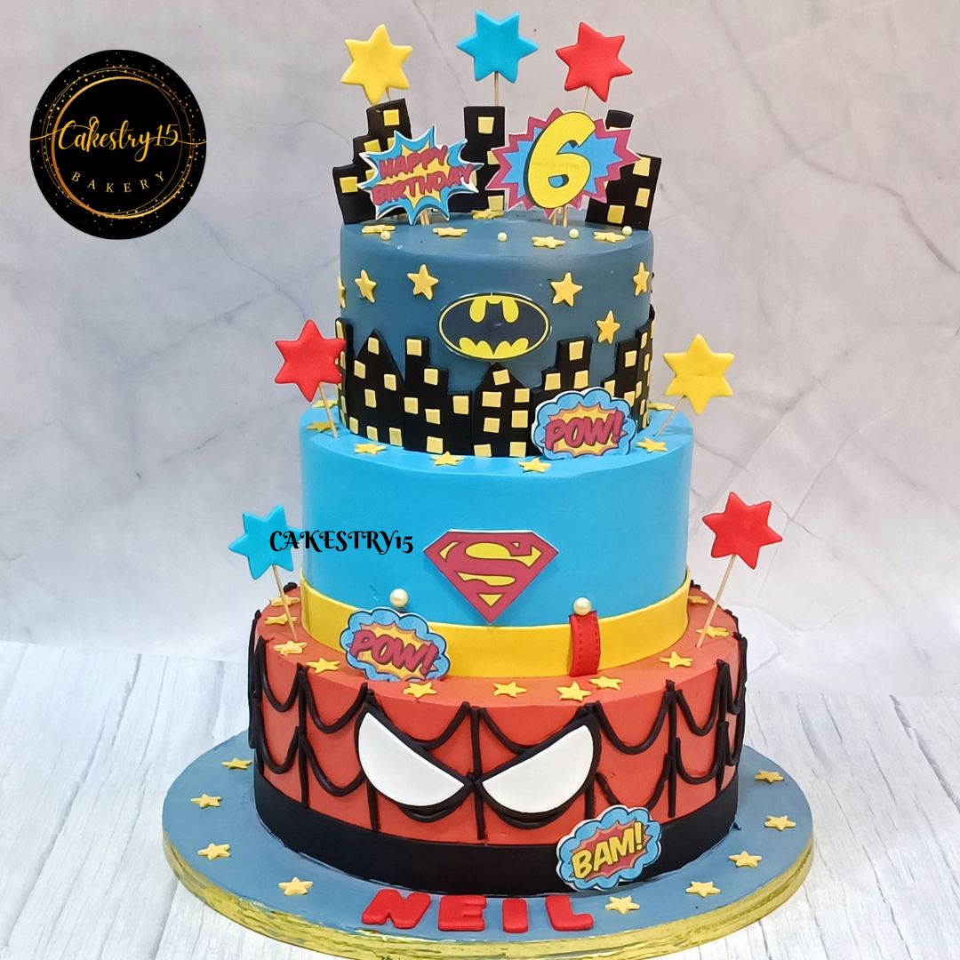 Avengers Team ,5kg size,butterscotch flavor,3tier, 6th birthday  Cake by Cakestry15 noida,full image