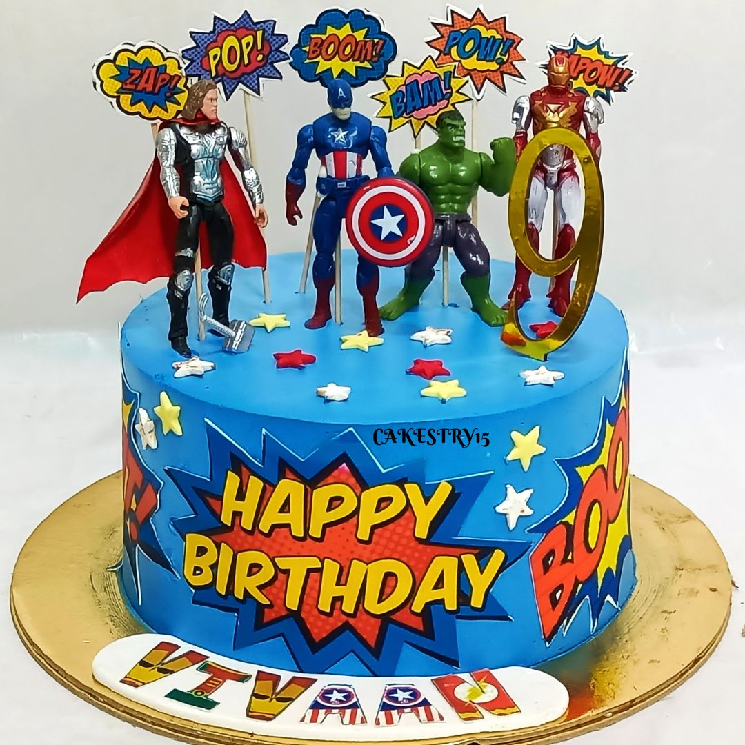 Avengers Theme ,1.5kg size,chocolate flavor, 9th birthday  Cake by cakestry15,noida,full image