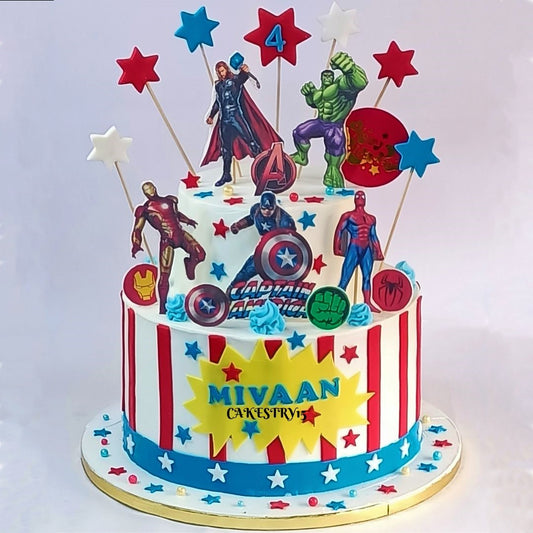 Avengers Theme,5kg size,2tier,pineapple flavor,4th birthday Cake by Cakestry15 Noida,full image