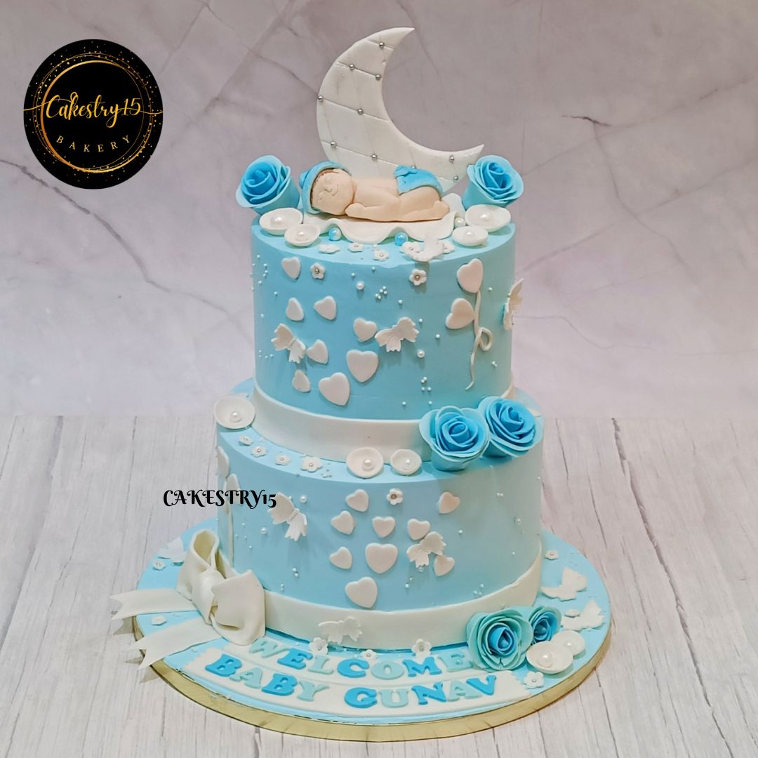 Baby Announcement Theme,3kg size,chocolate flavor,butterscotch flavor,2 tier Cake by Cakestry15 Noida,full image