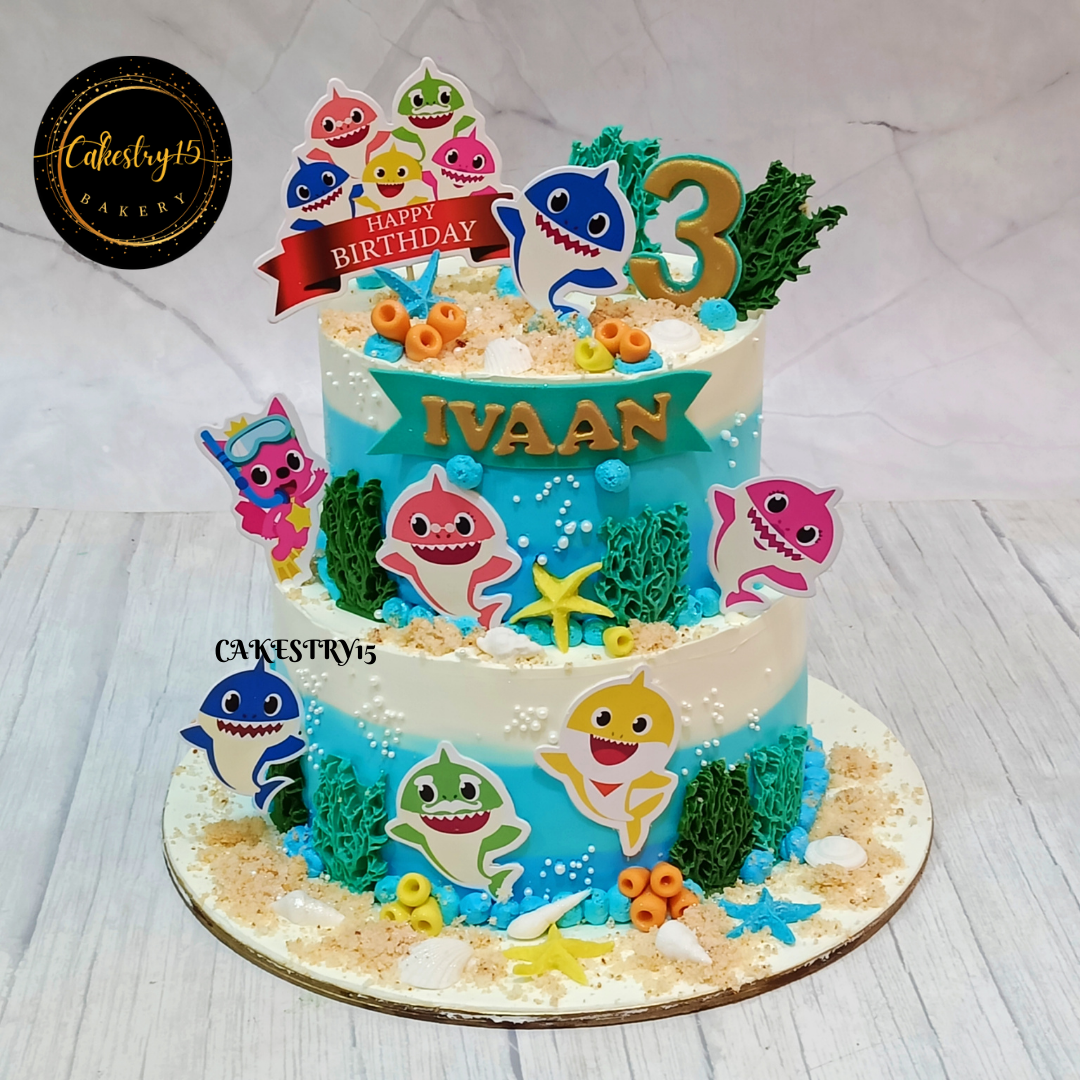 Baby Shark theme ,3kg size, 2tiered, blueberry flavor, 3rd Birthday cake by cakestry15,full image