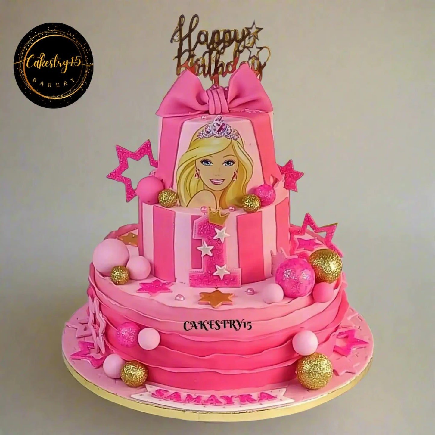 Barbie Theme,5kg size,chocolate flavor,3tier,1st birthday Cake by cakestry15 noida,full image