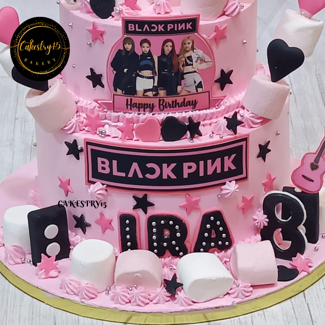 Black Pink Elegant 3kg Chocolate 2tier 8th birthday cake,marshmallow cake,bottom tier close up image