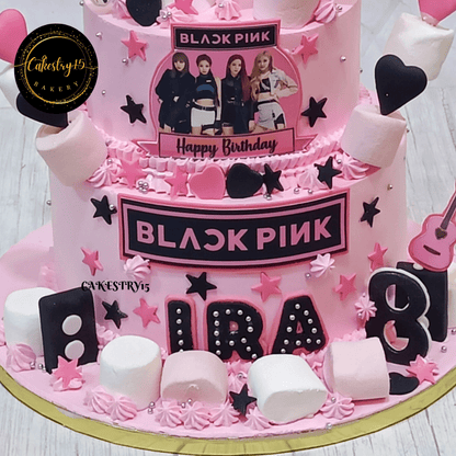 Black Pink Elegant 3kg Chocolate 2tier 8th birthday cake,marshmallow cake,bottom tier close up image