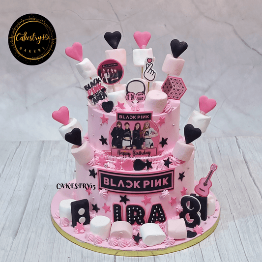 Black Pink Elegant 3kg Chocolate 2tier 8th birthday cake,marshmallow cake,full image