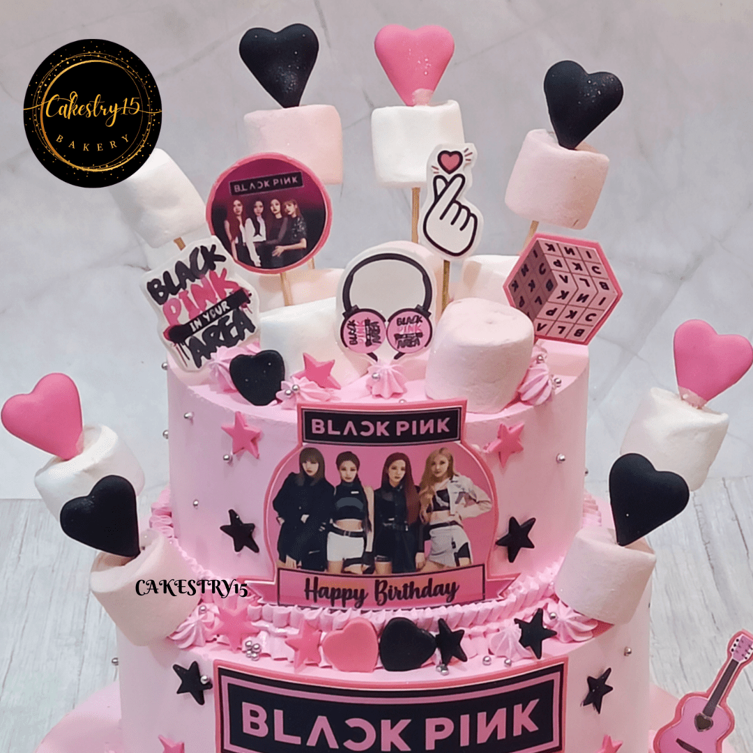 Black Pink Elegant 3kg Chocolate 2tier 8th birthday cake,marshmallow cake,top angle image