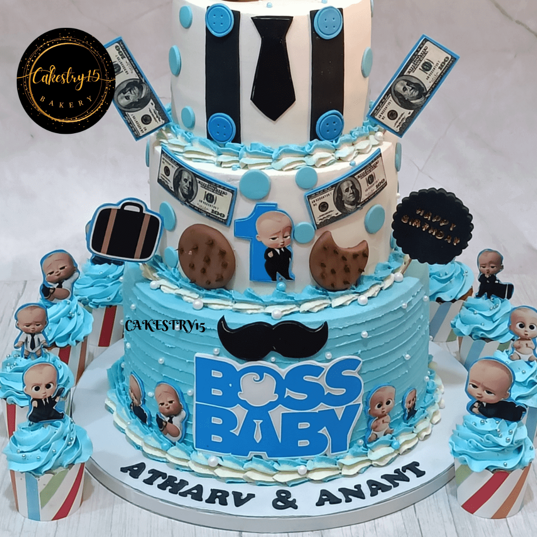 Boss Baby Twins 6kg 3tier Chocolate First Birthday Cake,cakes for boys,close up image