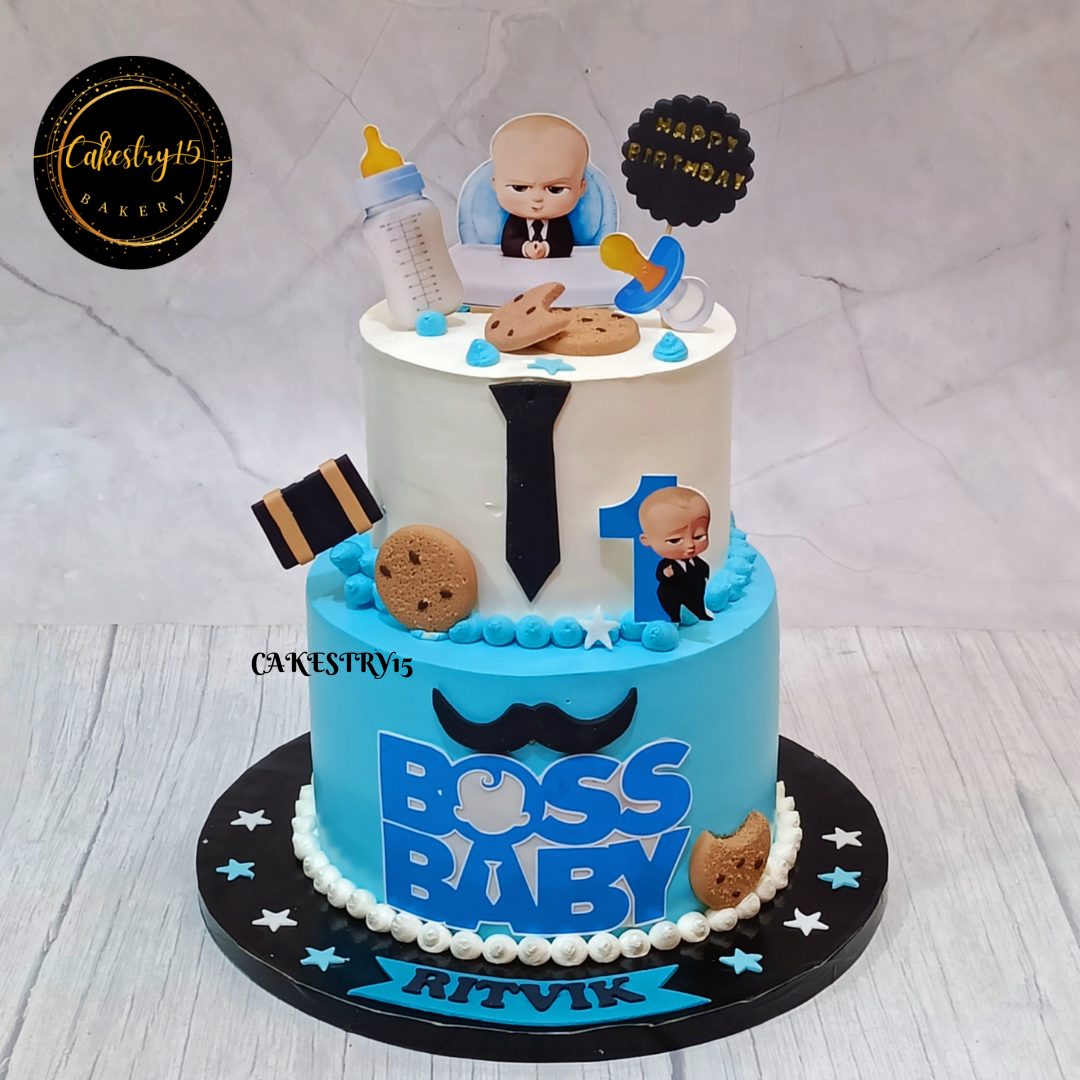 Boss Baby theme 3kg size 2tier butterscotch flavour 1st birthday Cake,full image