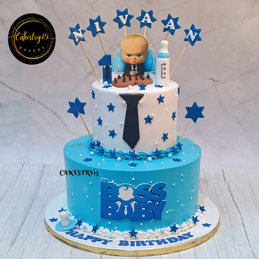 Boss Baby theme,3kg size,chocolate butterscotch flavor,2 tier,1st birthday Theme Cake by cakestry15 noida,full image