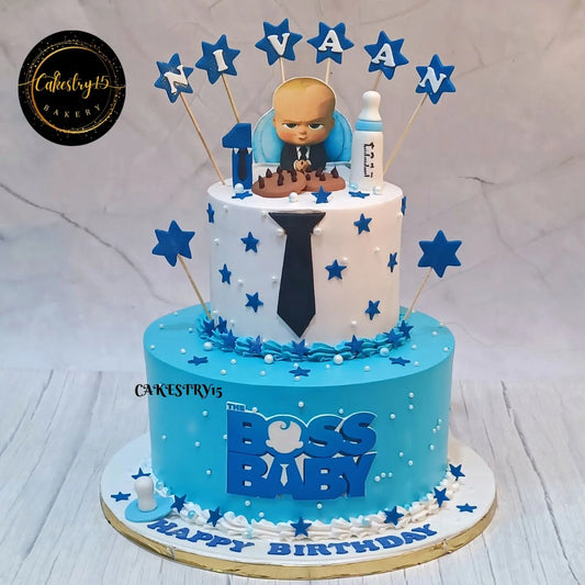 Boss Baby theme,3kg size,chocolate butterscotch flavor,2 tier,1st birthday Theme Cake by cakestry15 noida,full image
