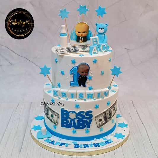 Boss Baby theme ,5kg size,pineapple flavor,2tier,first birthday Theme Cake by cakestry15 noida,full image