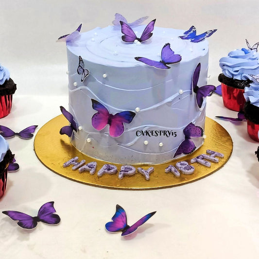 Butterfly Blue Theme Cake With 6 Cupcakes