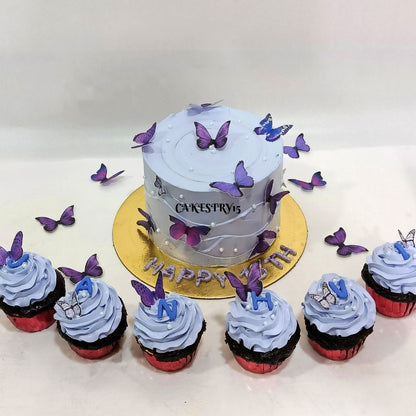 Butterfly Blue Theme Cake With 6 Cupcakes,top angle cake image